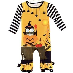 Penelope Plumm Baby Girl Halloween Owl Pumkin Snap One Piece Outfit‎ 6M Ruffles